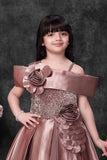 Rose Gold Satin Party Wear Gown with Floral Appliqué For Girls