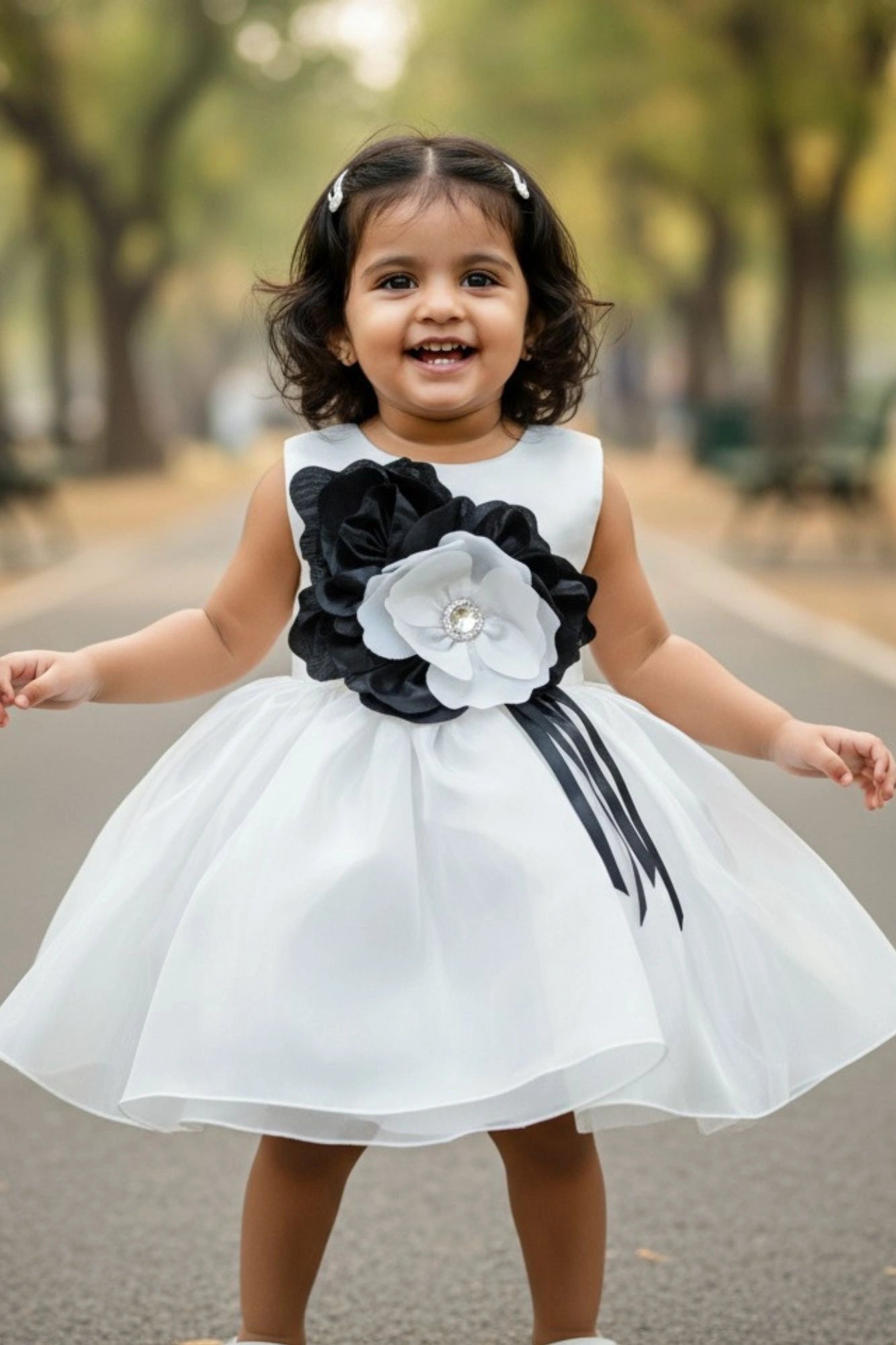 White Party Wear Frock with Oversized Black & Grey Floral Appliqué For Girls
