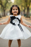 White Party Wear Frock with Oversized Black & Grey Floral Appliqué For Girls