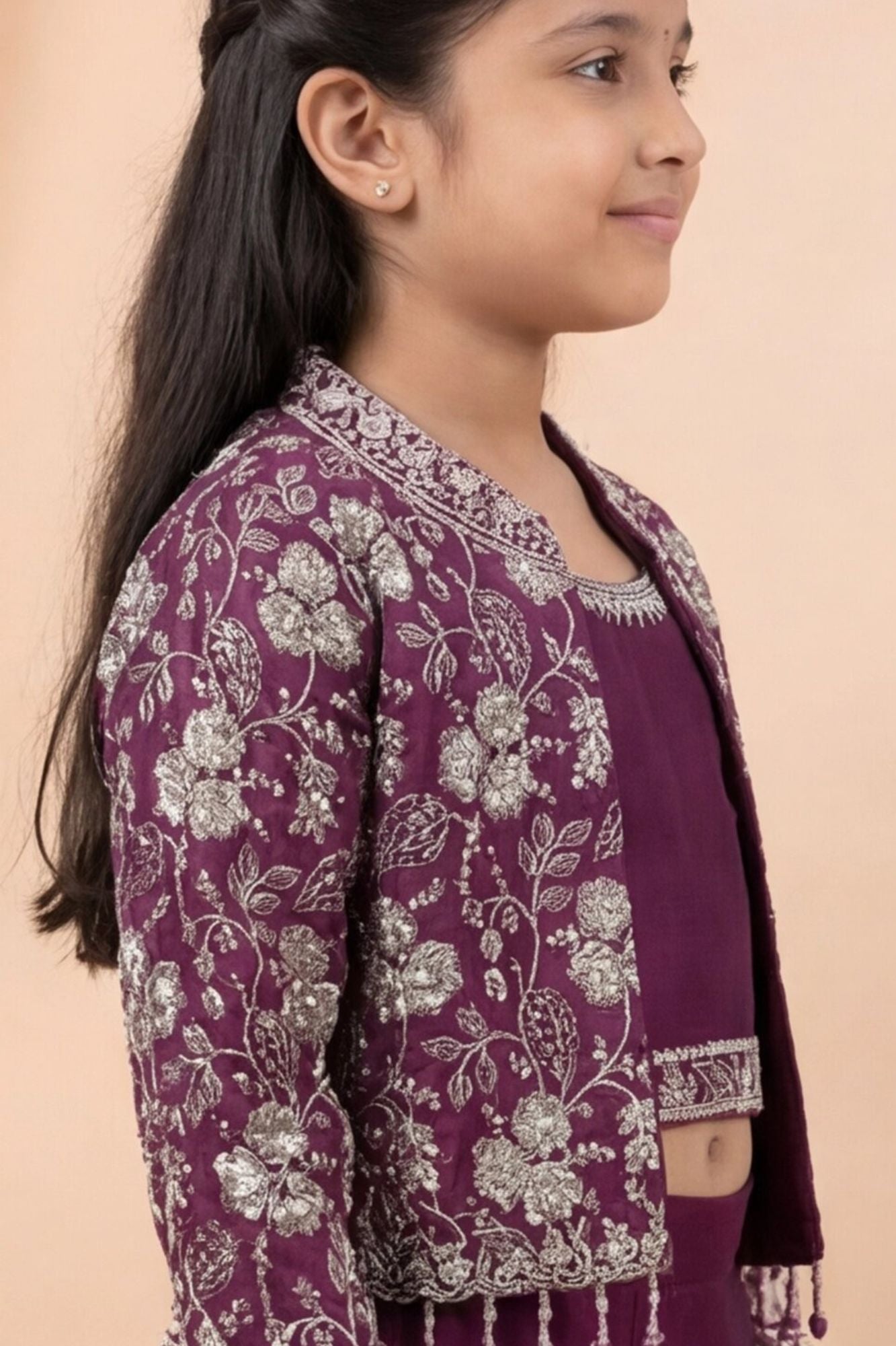 Wine Palazzo Set with Embroidered Jacket For Girls