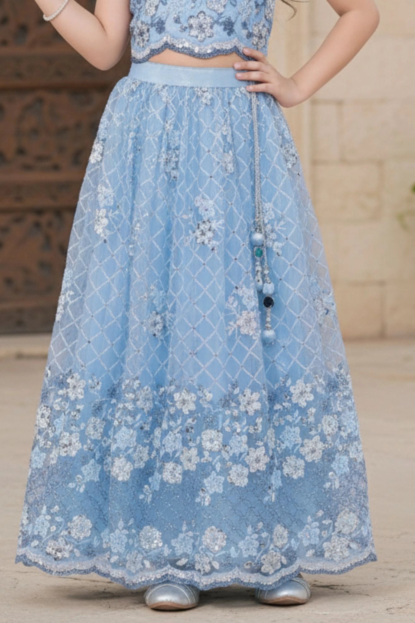 Sky Blue Embroidered Lehenga Choli with Sequin and Thread Work For Girls