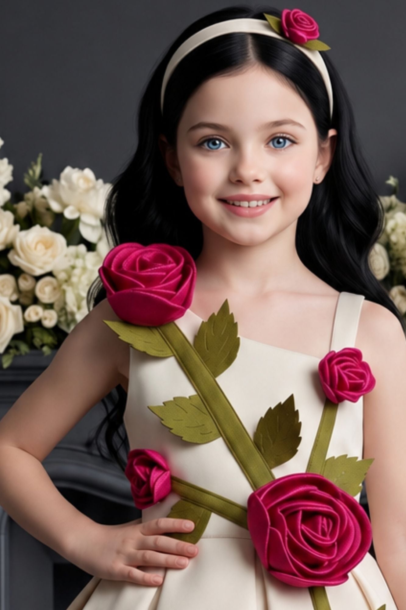 Girls Fawn 3D Rose Applique Party Wear Frock