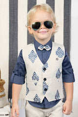 Blue Shirt And Pant Set With Overcoat And Bow For Boys