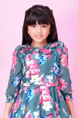 Stylish Blue Casual Frock With Flower Printed For Girls