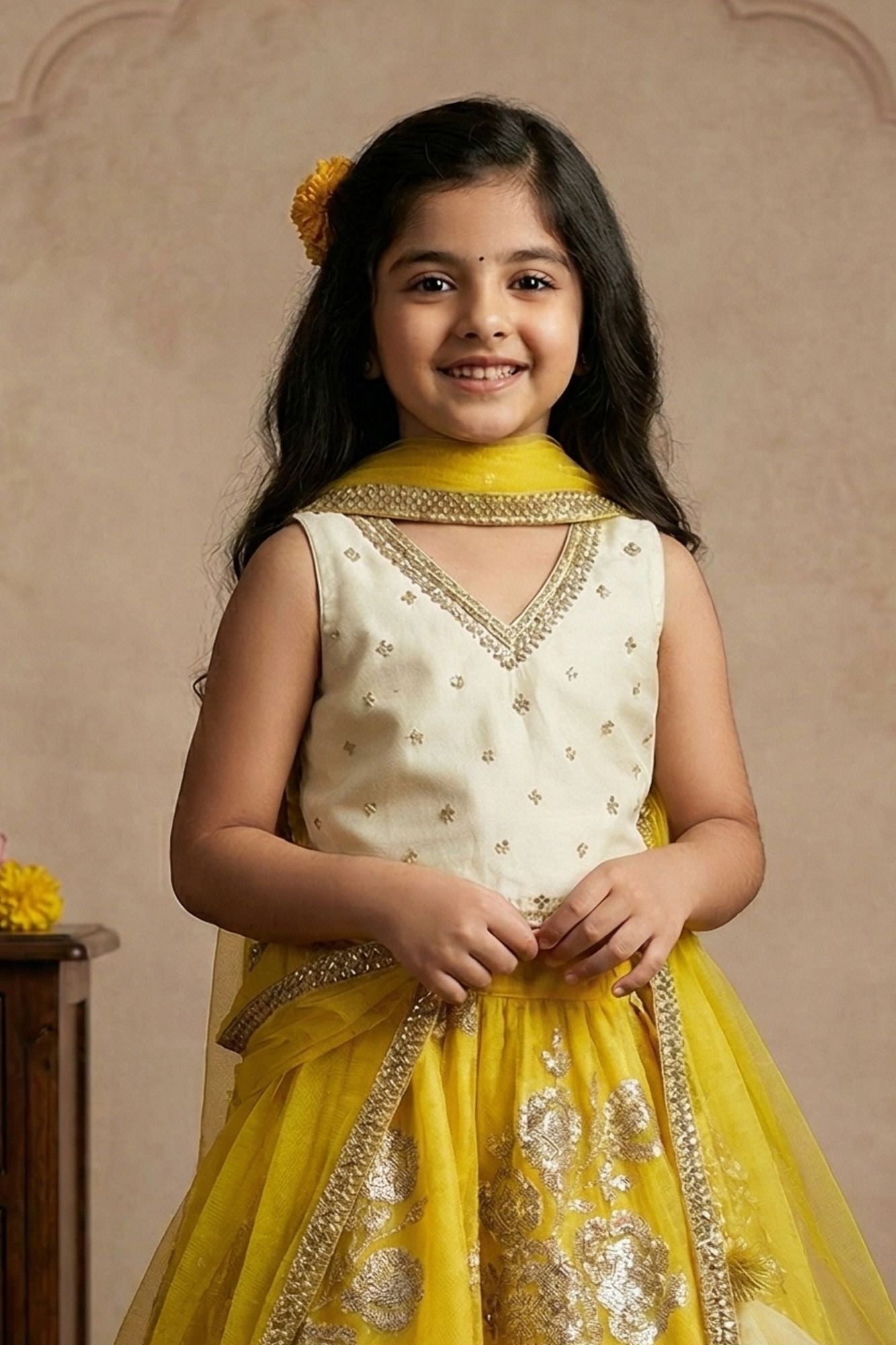 Girls Lime Yellow Sequin Embroidered Lehenga Choli Set