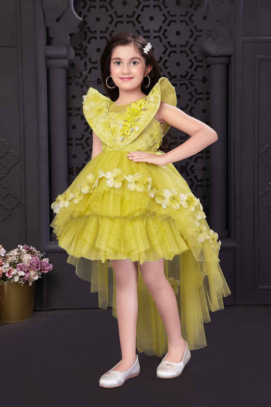 Light Green Partywear Frock Embellished With Floral And Sequin For Girls