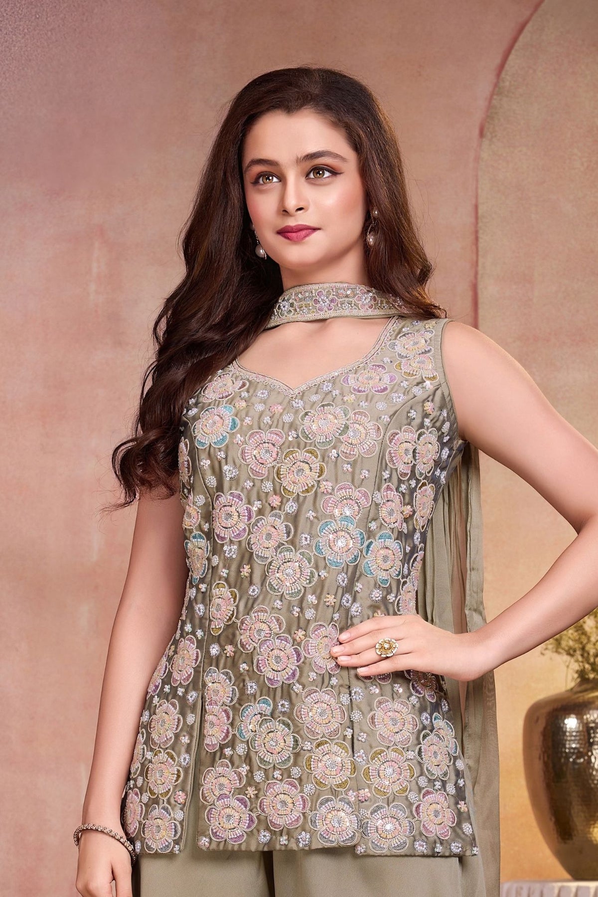 Girls Olive Green Multicolour Floral Sequin Embroidered Sleeveless Palazzo Set With Dupatta