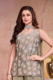 Girls Olive Green Multicolour Floral Sequin Embroidered Sleeveless Palazzo Set With Dupatta