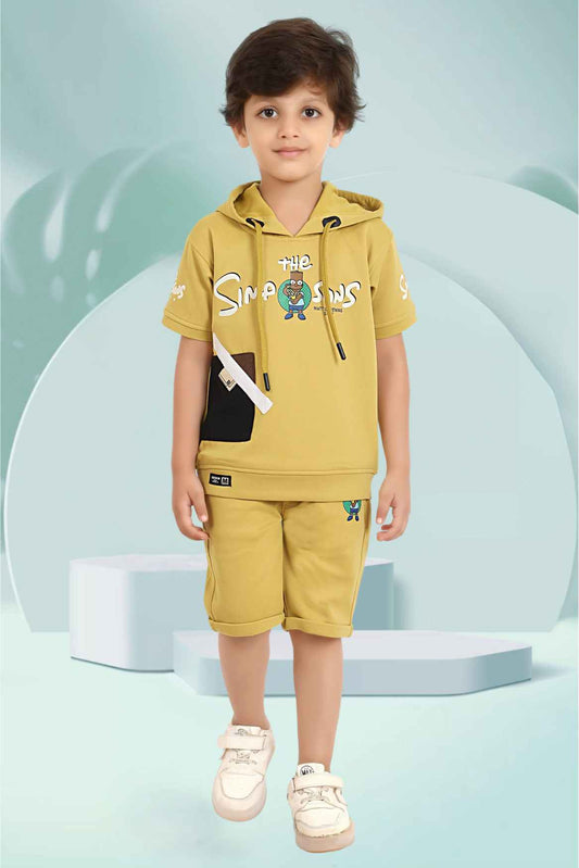 Mustard Yellow Printed Hoodie With Shorts Set For Boys