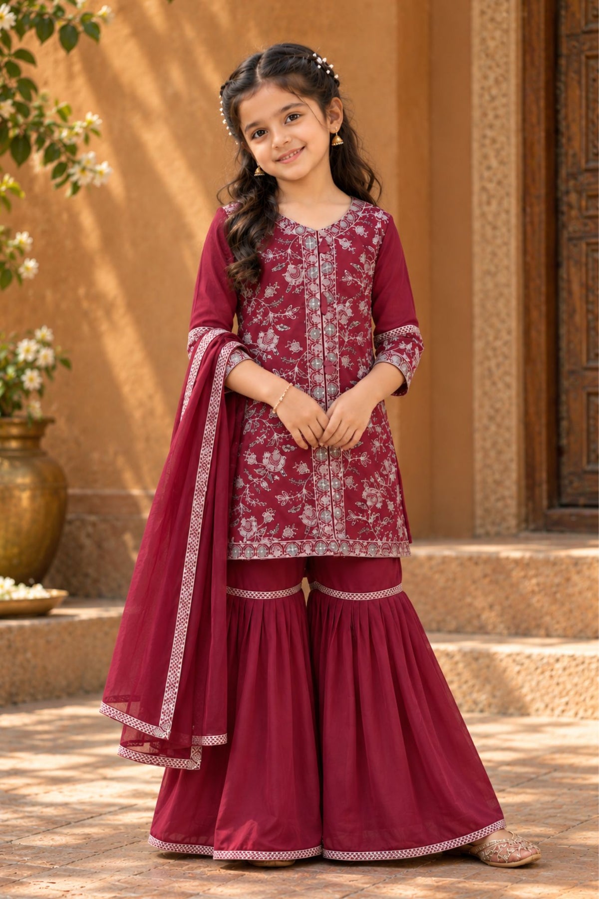 Dark Mauve Thread Embroidered Short Kurti with Sharara and Dupatta For Girls