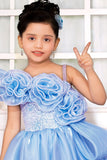 Girls Blue One-Shoulder Party Gown with 3D Floral Ruffles