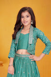 Teal Green Embroidered Lehenga Choli With Jacket For Girls