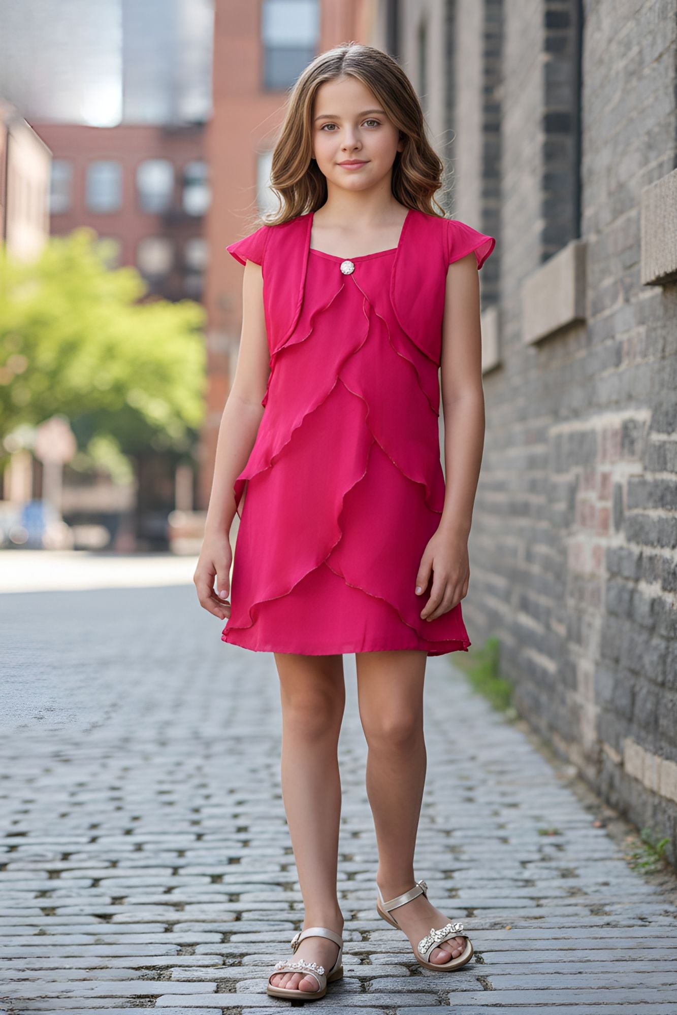 Rani Pink Layered Party Dress with Shrug for Girls