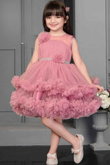 Pink Ruffle Frock With Floral Embellishment For Girls - Lagorii Kids