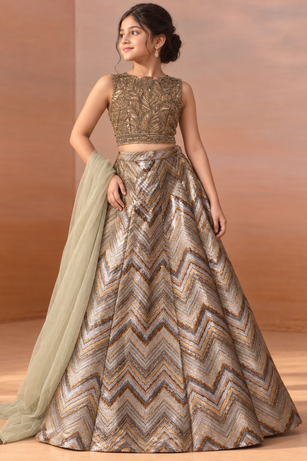 Girls Gold And Silver Sequin Embroidered Lehenga Choli Set