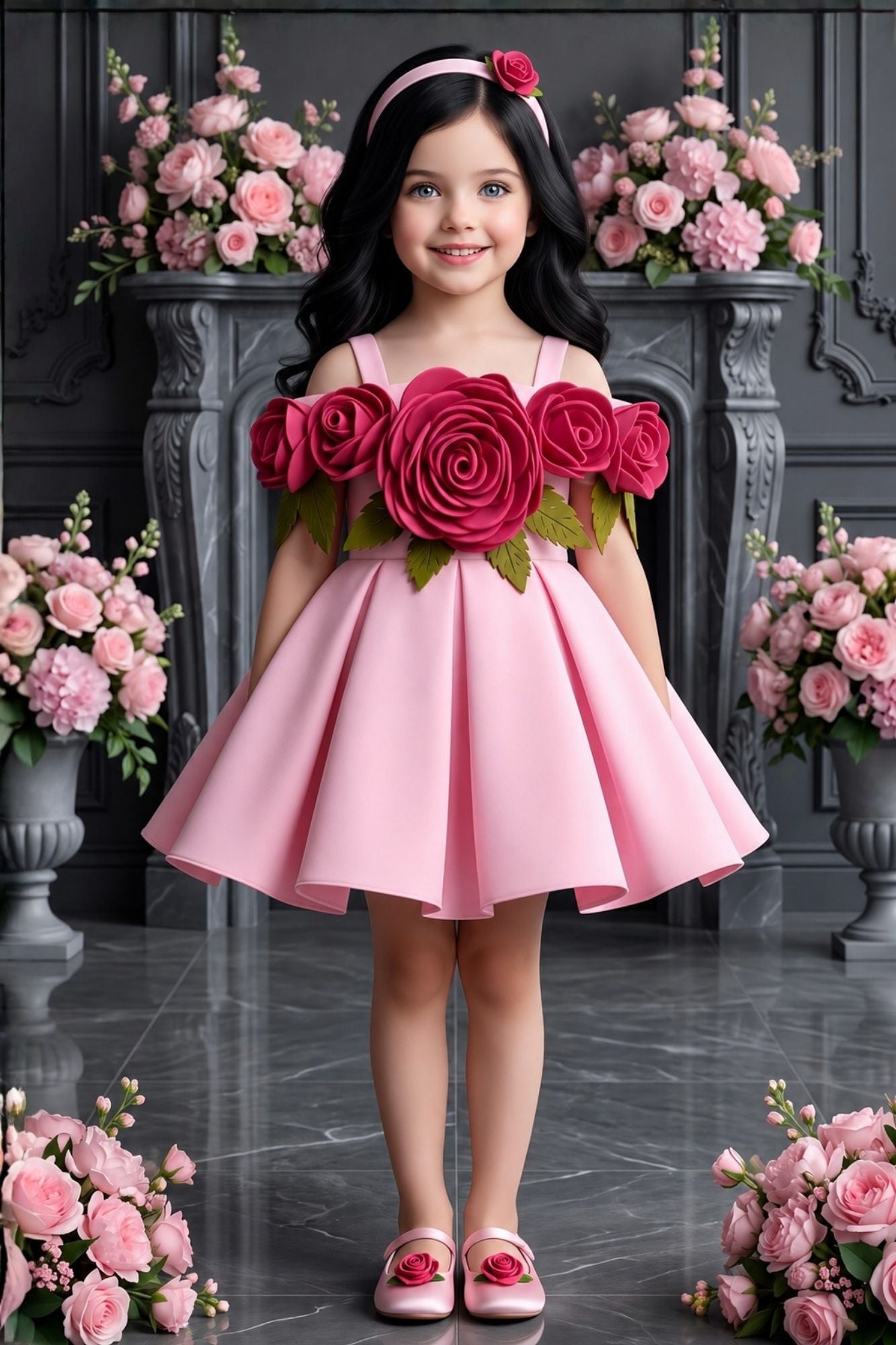 Girls Pink Party Wear Frock with 3D Rose Applique Detailing