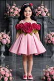 Girls Pink Party Wear Frock with 3D Rose Applique Detailing
