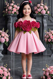 Girls Pink Party Wear Frock with 3D Rose Applique Detailing