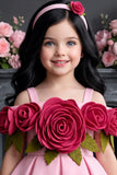 Girls Pink Party Wear Frock with 3D Rose Applique Detailing