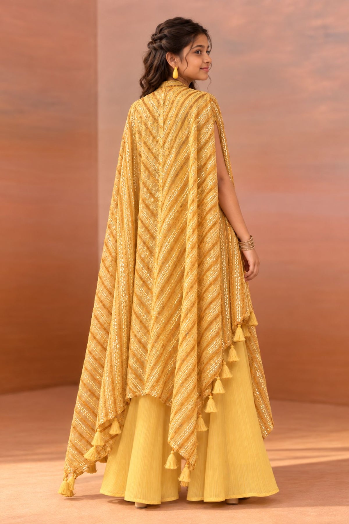 Girls Mustard Gold Sequin Embroidered Palazzo Set