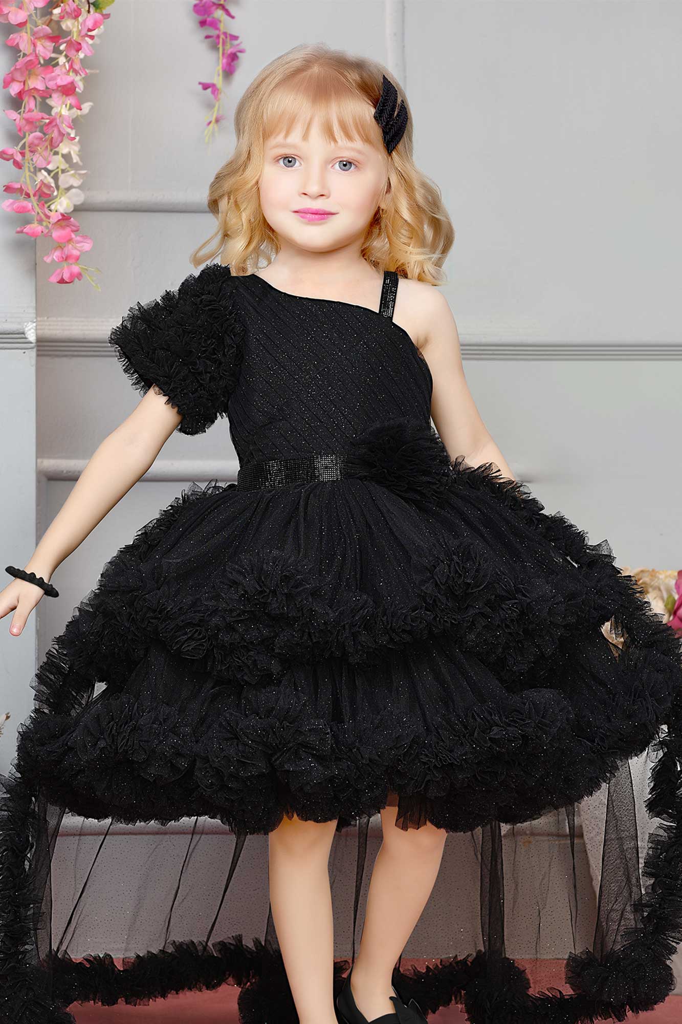Black One-Shoulder High-Low Ruffle Gown For Girls