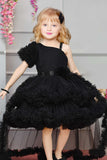 Black One-Shoulder High-Low Ruffle Gown  For Girls