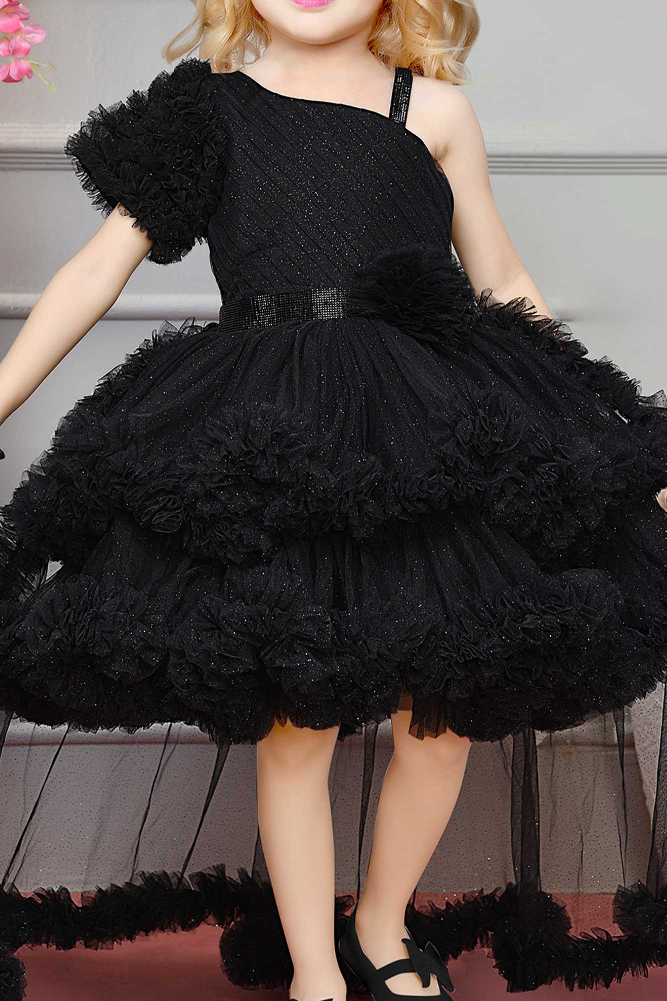 Black One-Shoulder High-Low Ruffle Gown For Girls