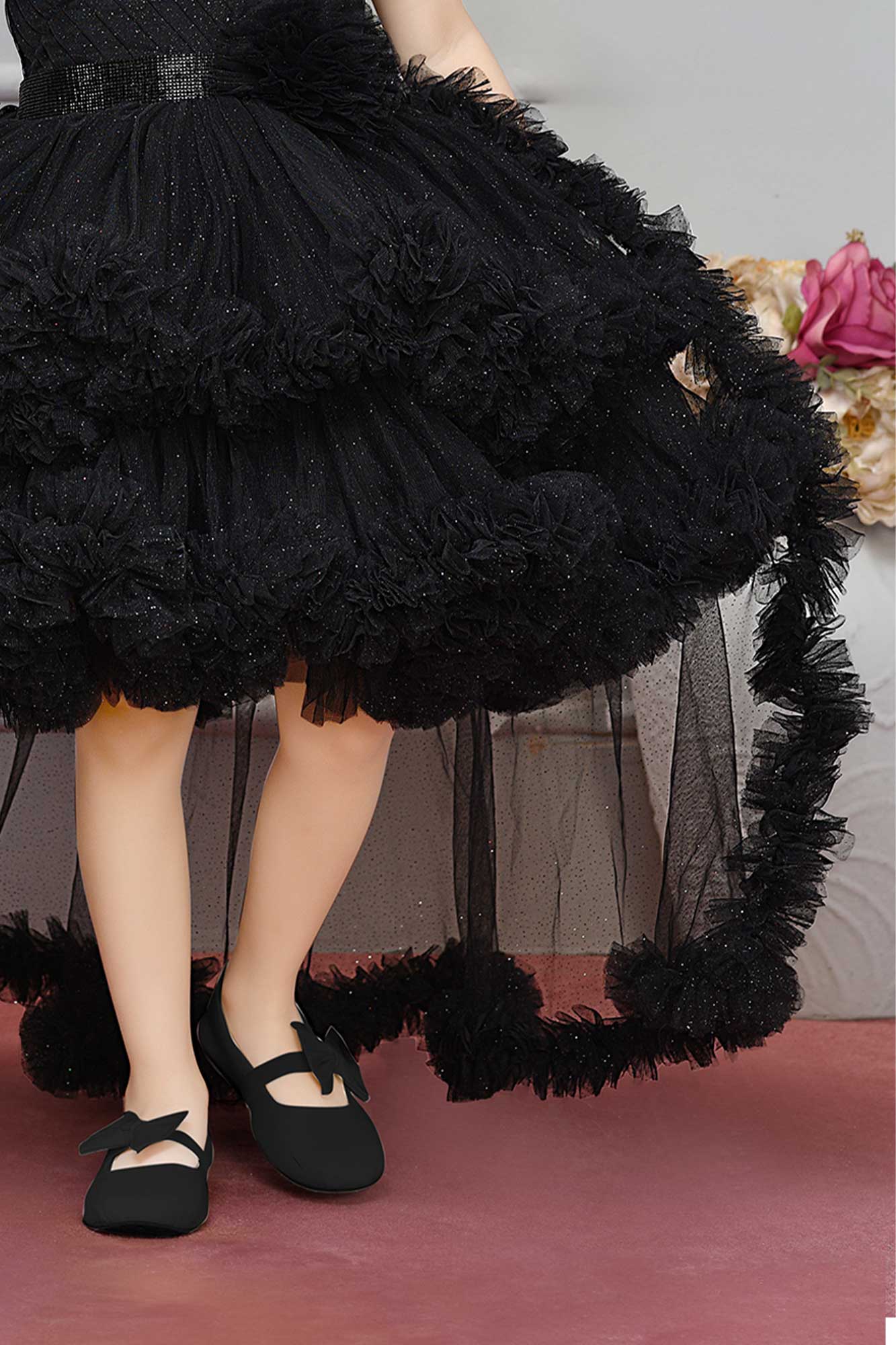 Black One-Shoulder High-Low Ruffle Gown For Girls