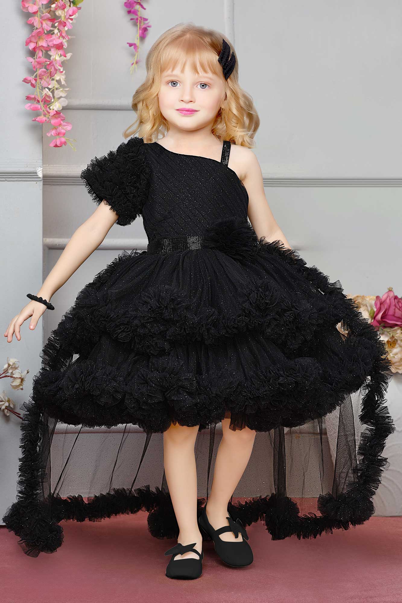Black One-Shoulder High-Low Ruffle Gown For Girls