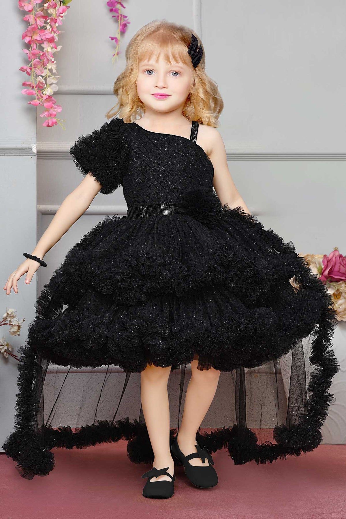 Black One-Shoulder High-Low Ruffle Gown  For Girls