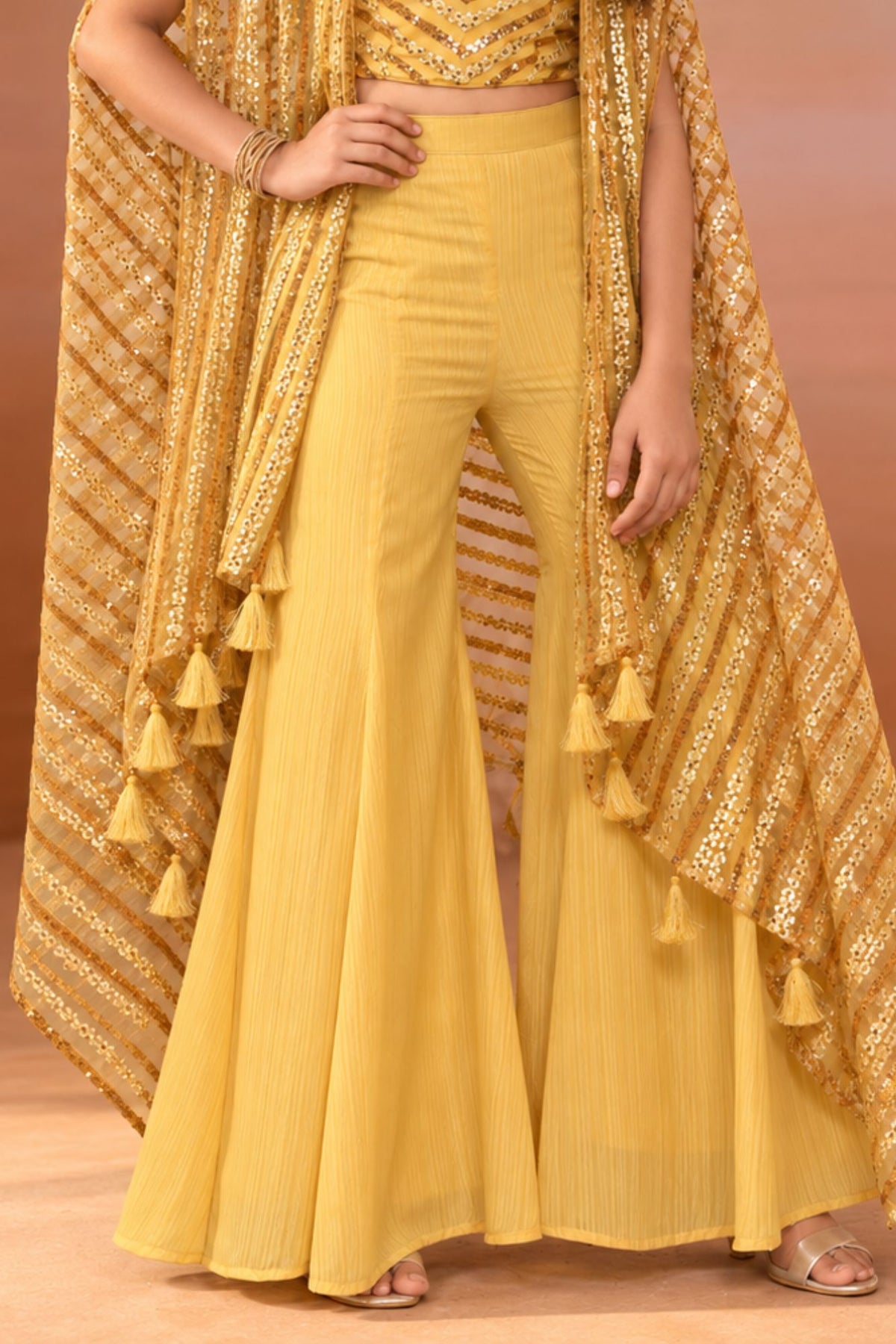 Girls Mustard Gold Sequin Embroidered Palazzo Set