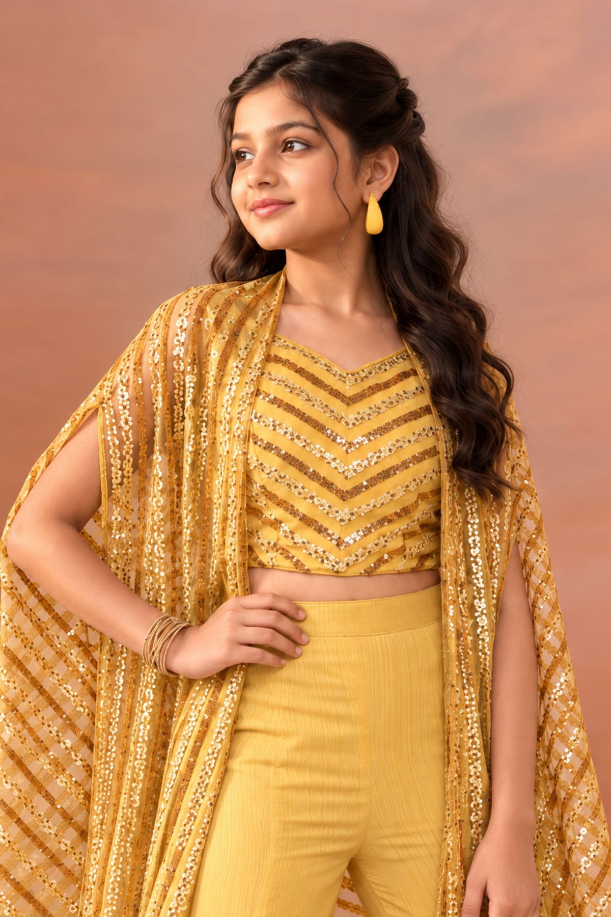 Girls Mustard Gold Sequin Embroidered Palazzo Set