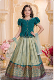 Rama Green Embroidered Pattu Pavadai Set with Zari Work For Girls
