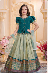 Rama Green Embroidered Pattu Pavadai Set with Zari Work For Girls