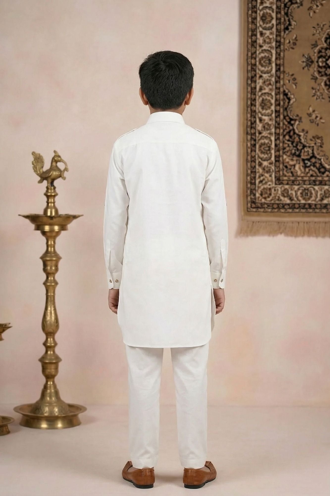 White Kurta Set  With Shirt Collar Design For Boys