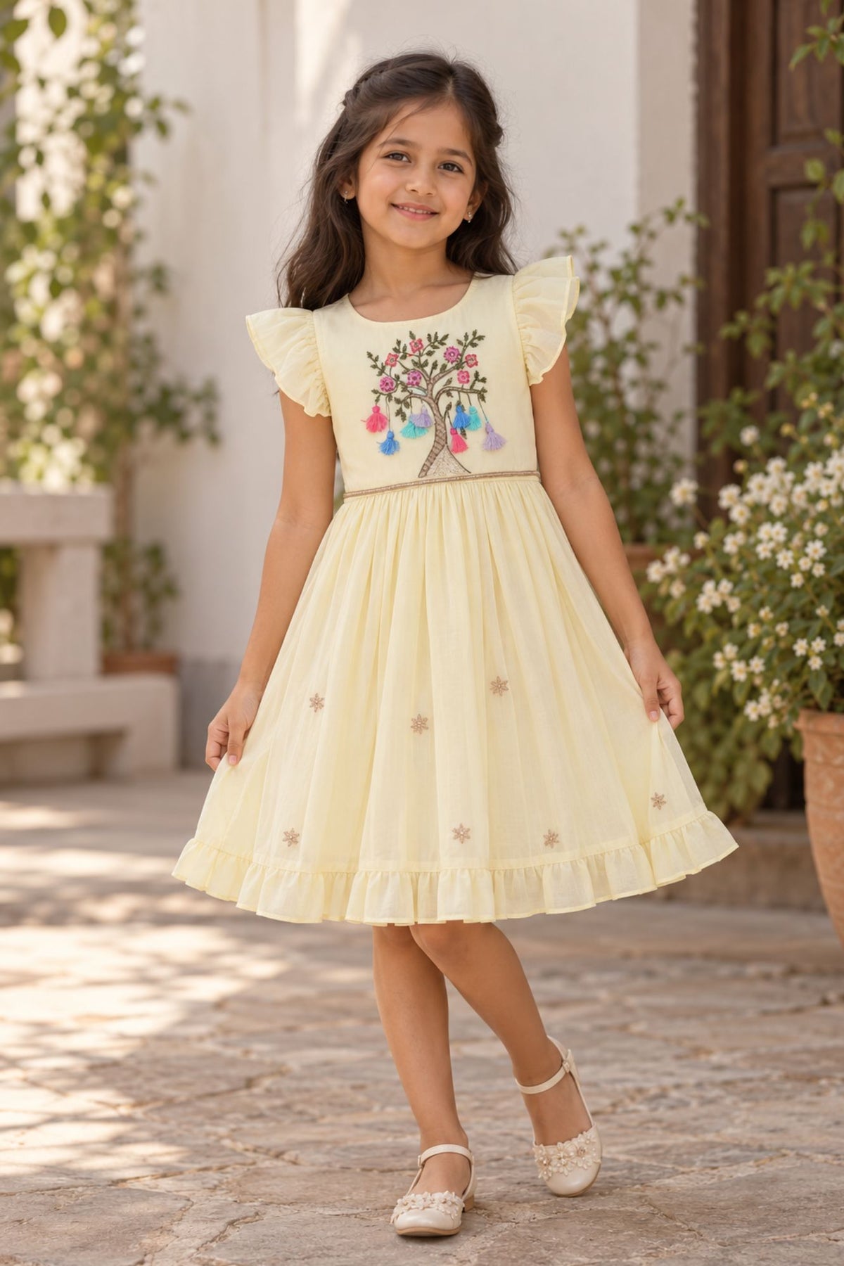 Girls Pastel Yellow Tree Embroidered Ruffle Sleeve Flared Dress