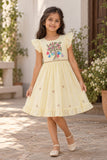 Girls Pastel Yellow Tree Embroidered Ruffle Sleeve Flared Dress