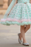 Mint Green And Pink Layered Ruffled Party Wear Frock with Cape For Girls