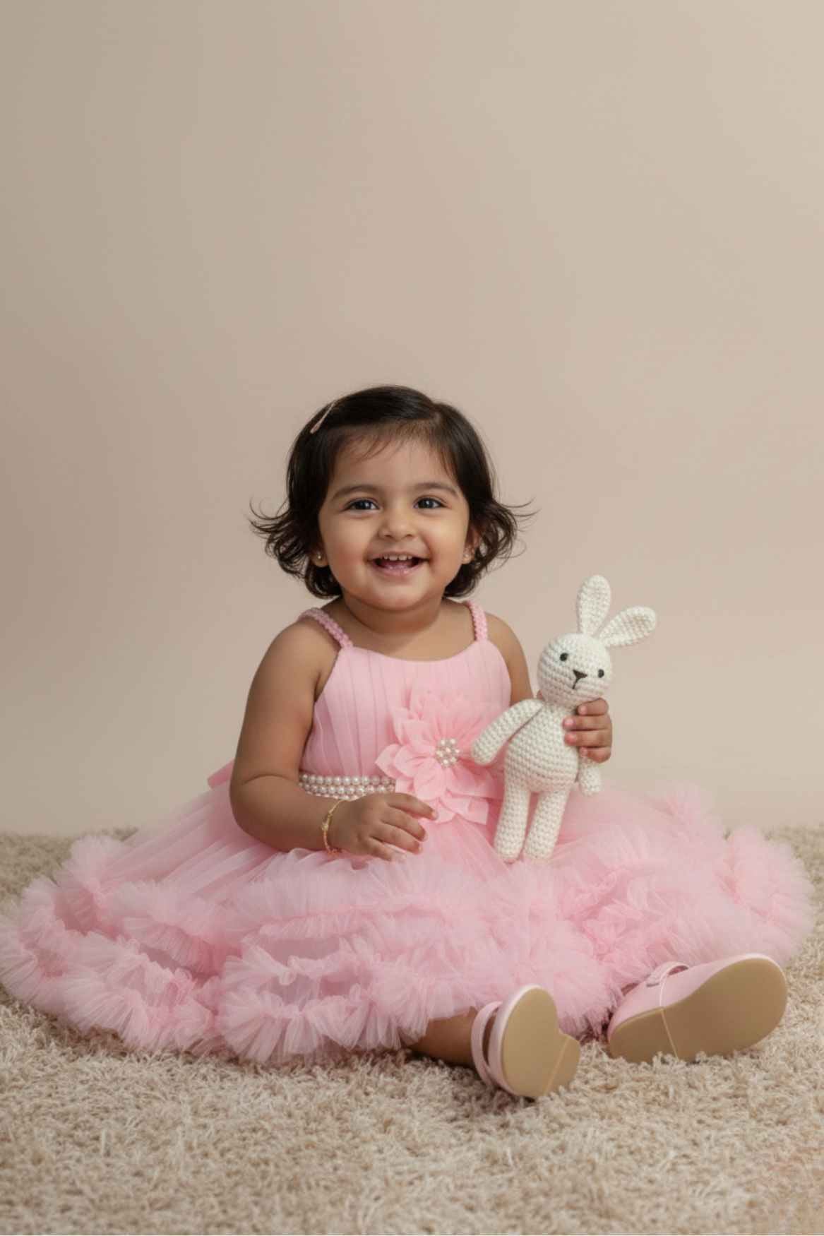 Baby Pink Net Party Wear Frock with 3D Flower & Ruffle Hem For Girls