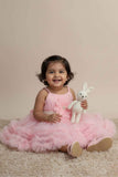 Baby Pink Net Party Wear Frock with 3D Flower & Ruffle Hem For Girls