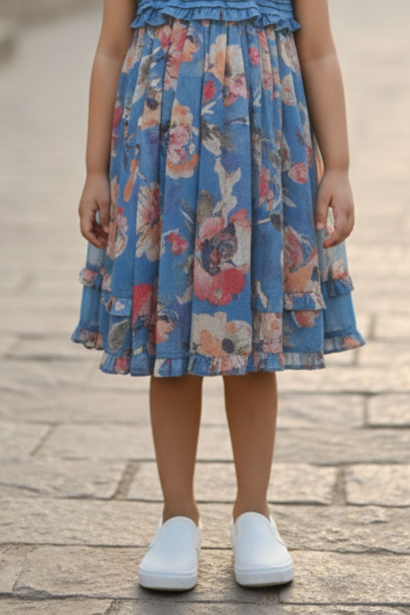 Blue Floral Printed Cotton Frock with Ruffle Yoke For Girls