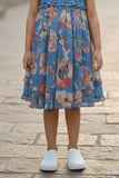 Blue Floral Printed Cotton Frock with Ruffle Yoke For Girls