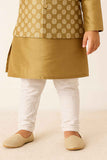 Fawn Silk Kurta Pyjama Set With Printed Nehru Jacket For Boys