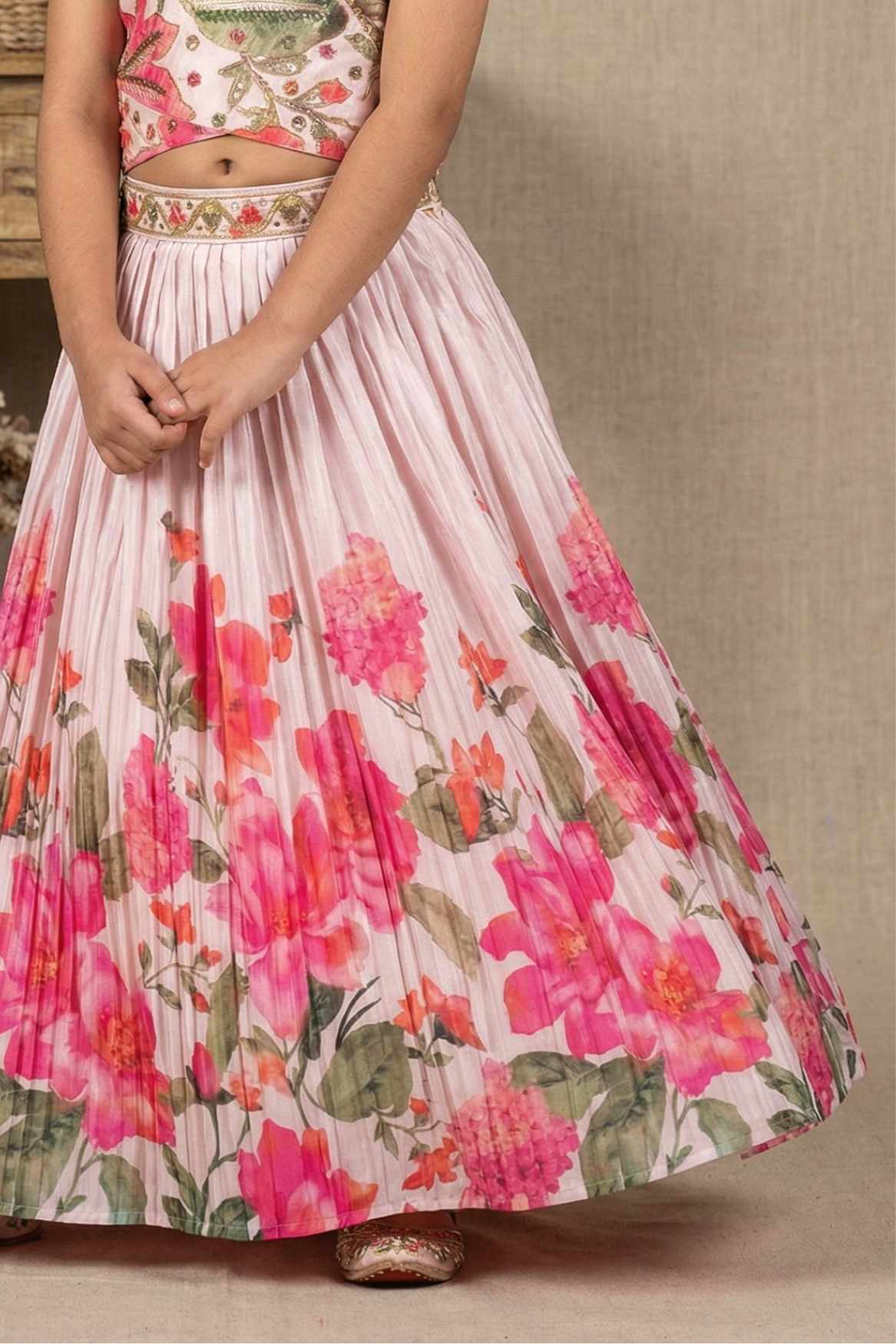 Pink Floral Embroidered Lehenga Choli Set For Girls