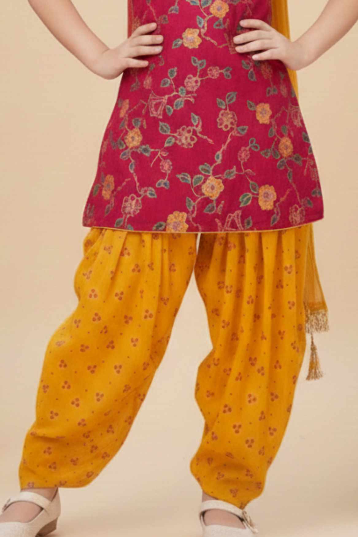 Rani Pink Kurti With Gold Patiala Suit Set For Girls