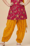 Rani Pink Kurti With Gold Patiala Suit Set For Girls