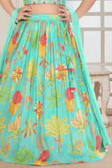 Sea Green Sleeveless And Mirror Work With Floral Printed Lehenga Choli Set For Girls