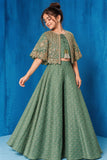 Girls Sage Green Floral Embroidered Palazzo Set With Jacket And Dupatta