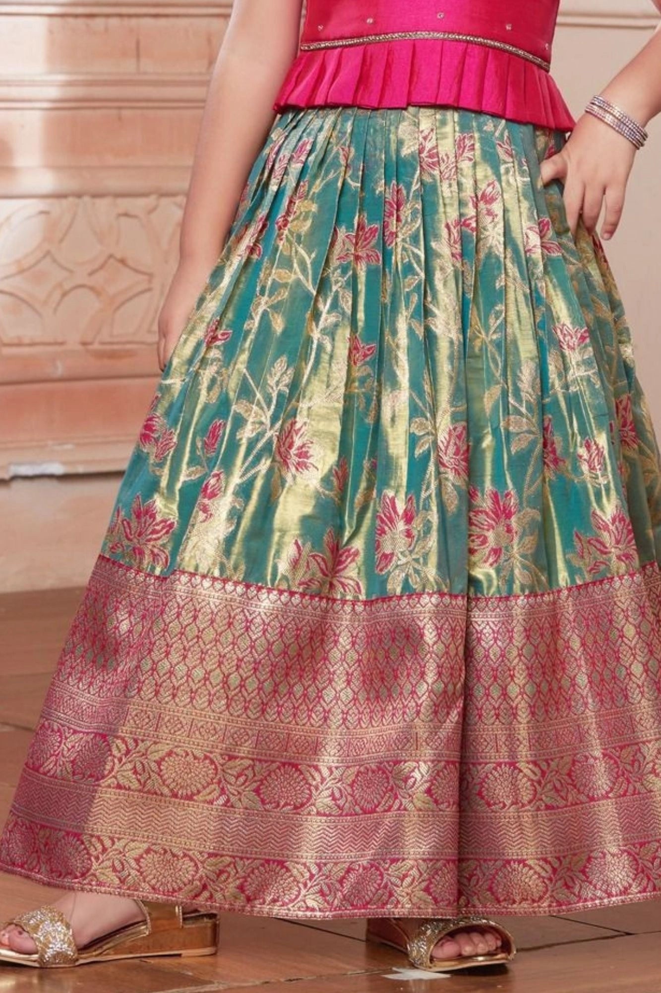 Rama Green Silk Pattu Pavadai with Pink Puff Sleeve Top For Girls