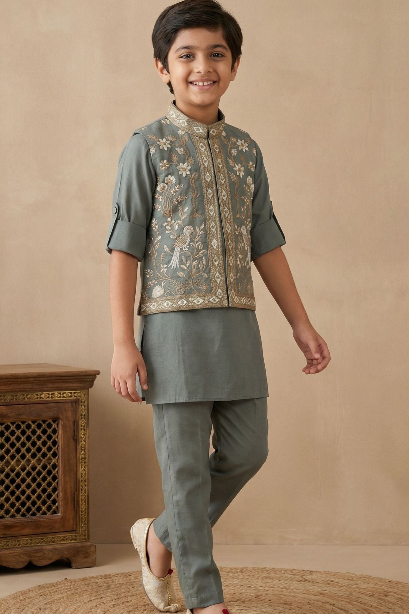 Pastel Green Embroidered Kurta Set with Nehru Jacket For Boys